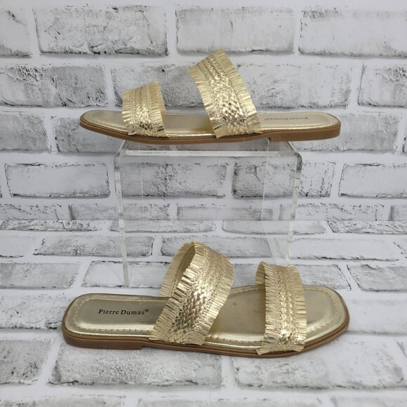 Pierre Dumas Empress Metallic Gold Woven Fringe Two Strap Flat Sandal Size 8.5 - Picture 2 of 4